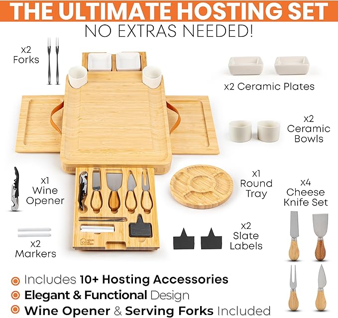 Large Bamboo Charcuterie Boards Gift Set with 4 Hidden Drawers, Cheese Knives, Ceramic Bowls &