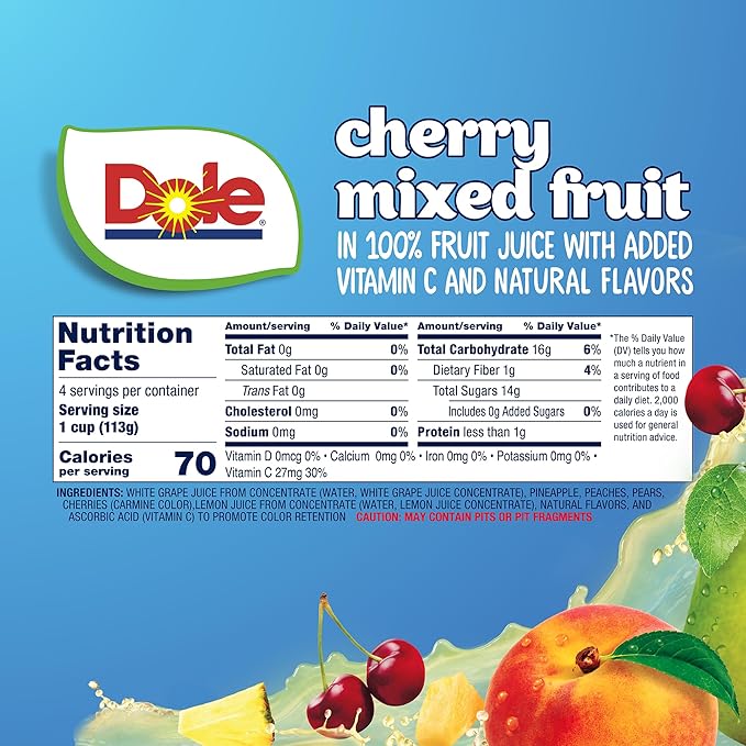 Dole Fruit Bowls Cherry Mixed Fruit in 100% Juice Snacks, 4oz 24 Total Cups, Gluten & Dairy Free