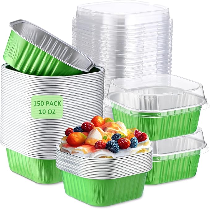 Aoriher 150 Pieces 10 oz Mini Cake Pans with Lids Aluminum Foil Baking Cups Square Disposable 4" x