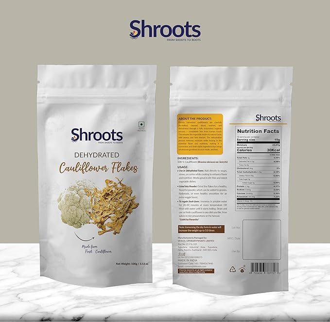 SHROOTS Dehydrated Cauliflower Flakes | 100% Natural, Freshly Dried, Preservative-Free | Perfect