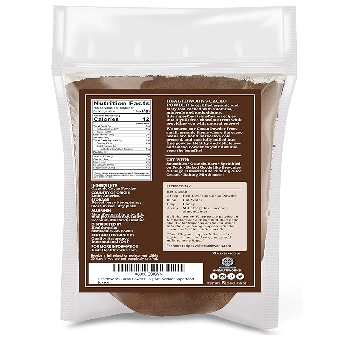 Healthworks Superfoods Organic Cacao Powder - 80 Oz / 5 Lbs - Cocoa Chocolate Substitute - Rich