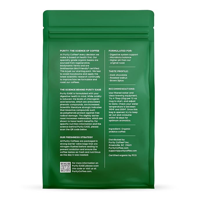 Purity Coffee EASE Dark Roast Ground Coffee for Low Acidity - USDA Organic and Third-Party Tested