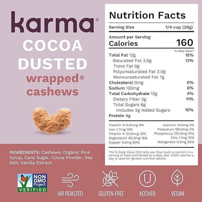 Cocoa Dusted Wrapped Whole Cashews by Karma Nuts, Lightly Sweetened, Air Roasted with Natural