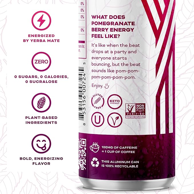 Yerbaé Energy Seltzer - Pomegranate Berry, No Sugar/Calories/Carbs. Energized by Yerba Mate