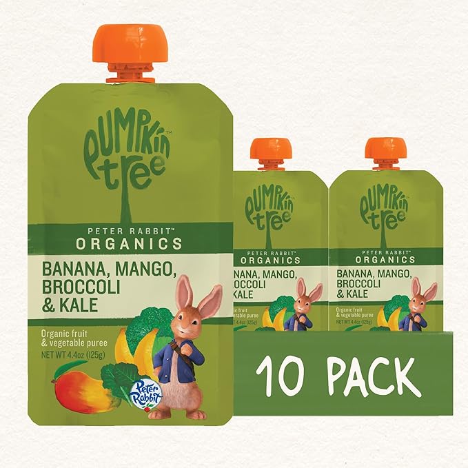 Pumpkin Tree Peter Rabbit Organics, Banana, Mango, and Kale, 4 Squeeze Pouch, Mango, Broccoli &
