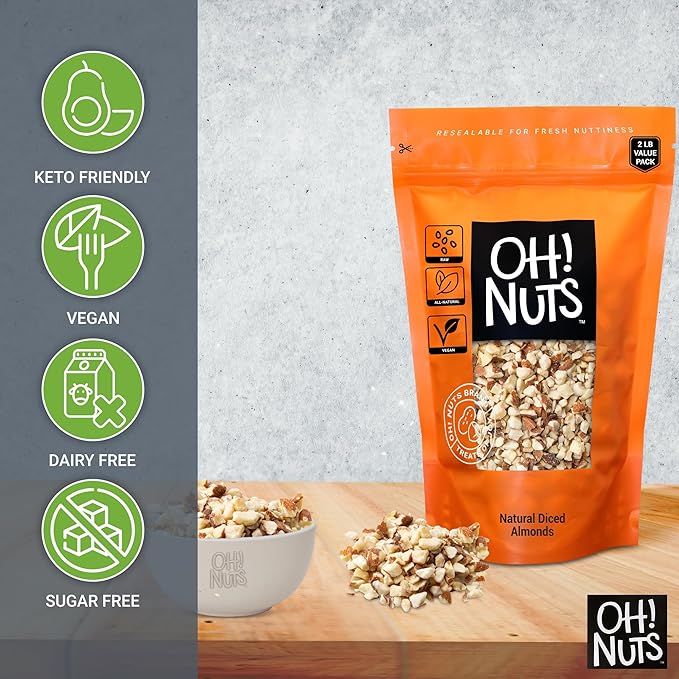 Oh! Nuts Almonds Natural Diced - Raw - 100% Natural - 2 lb - High-Protein Diced Almonds - Packed in