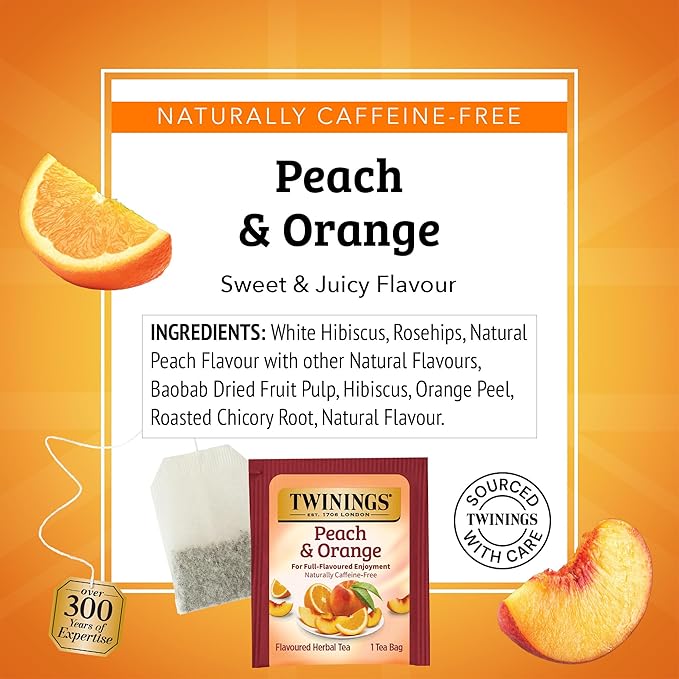 Twinings Peach & Orange Herbal Tea Individually Wrapped Bags, 20 Count (Pack of 6), Juicy & Fruity