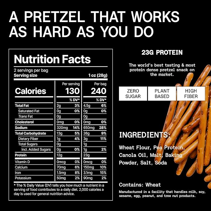Power Pretzels High Protein Pretzel Sticks, Vegan Friendly and Plant-Based with 23g Protein per