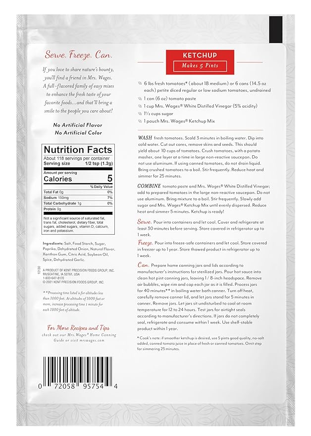 Mrs. Wages Ketchup Mix, Easy-To-Use, Enhance Your Tomatoes, Makes Ketchup in Bulk, Easy To Freeze
