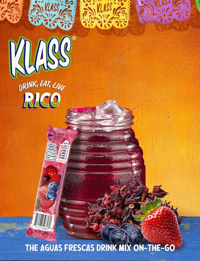 Klass Aguas Frescas | Drink Mix Hibiscus Berries | Sugar Free! (Pack of 4, 40 Count Powder Stick