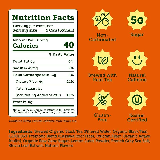 HALFDAY Prebiotic Half & Half Iced Tea Cans, Supports Digestive & Gut Health, 6g Plant Fiber &