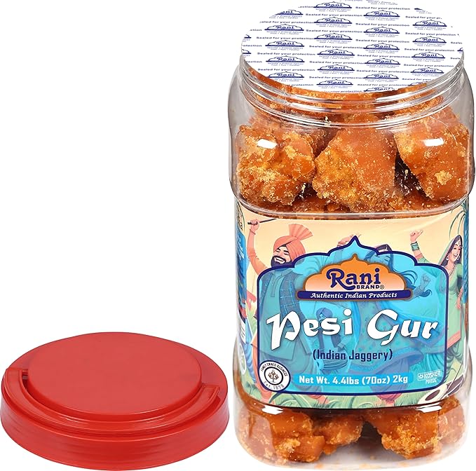 Rani Pesi Gur (Jaggery) Indian Unrefined Raw Cane Sugar 70oz (4.4lbs) 2kg PET Jar ~ Gluten Friendly