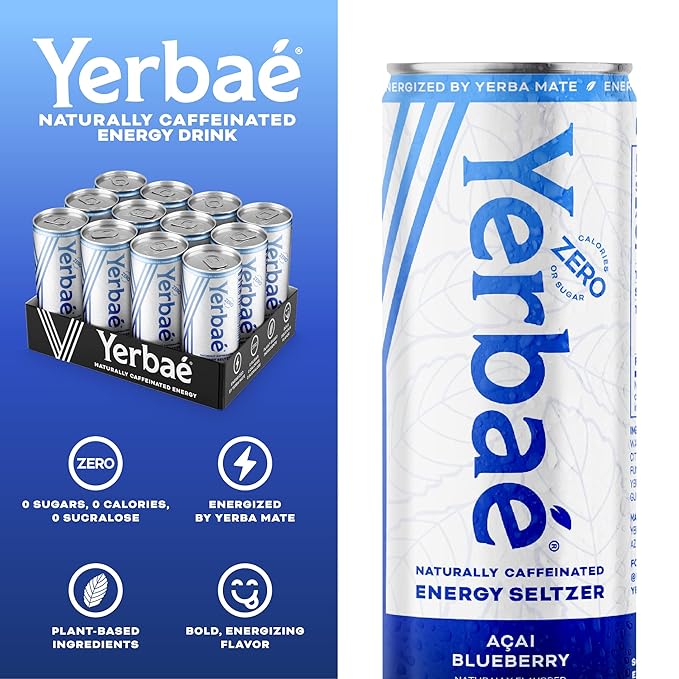 Yerbaé Energy Seltzer - Acai Blueberry, No Sugar/Calories/Carbs. Energized by Yerba Mate, Naturally