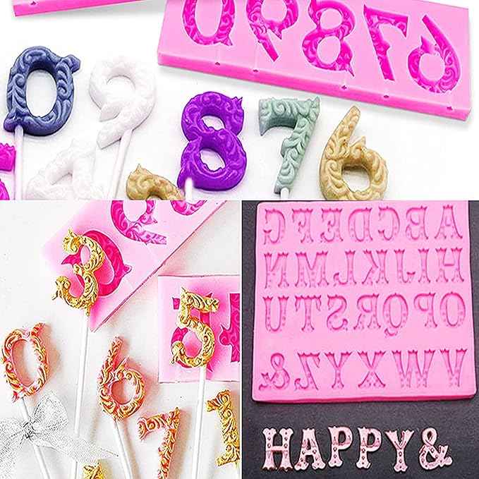 Silicone Fondant Molds, AIMEIKI 3 Pack 3D Silicone Number 0-9 Alphabet A-Z Embossed Fondant