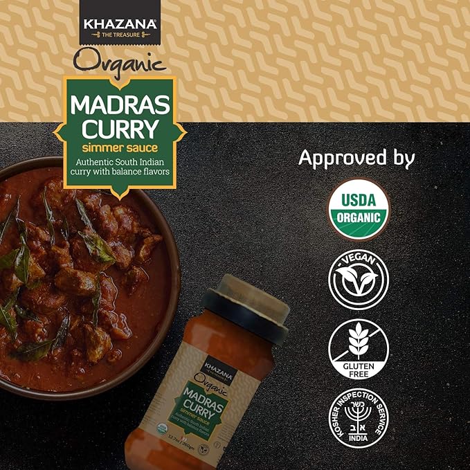Khazana ORGANIC Madras Curry Indian Simmer Sauce - 12.7oz Jars | Non-GMO, Vegan, Gluten Free