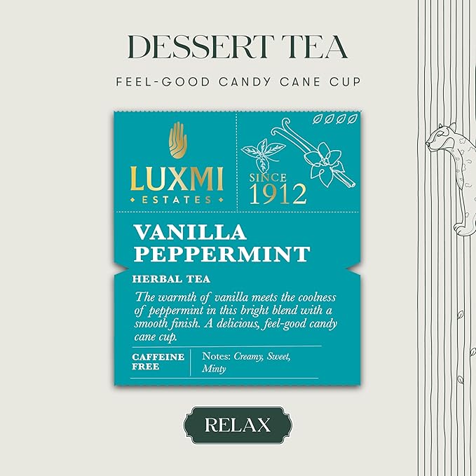 Luxmi Estates Vanilla Peppermint Organic Peppermint Tea (50 Tea Bags) Caffeine Free Tea Bags For