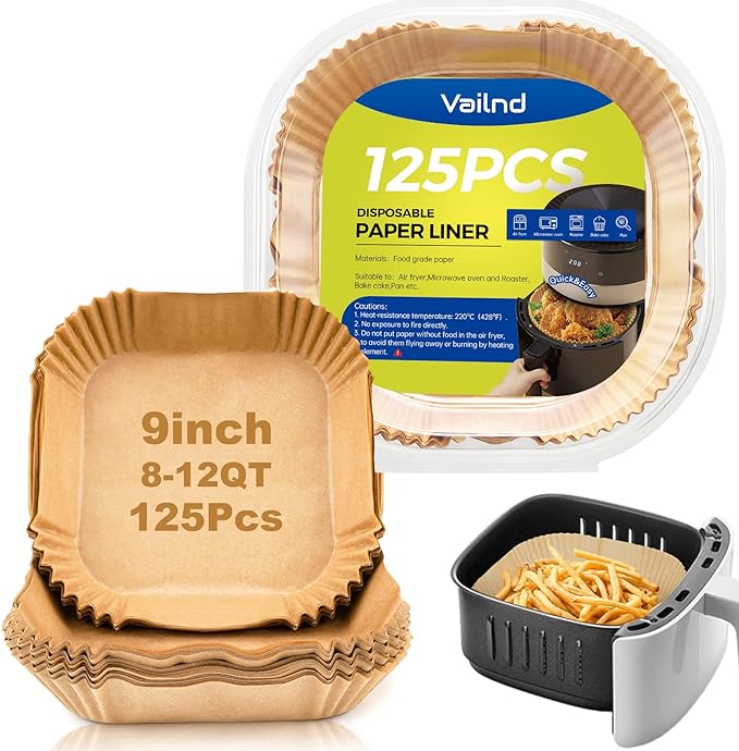 Vailnd 9inch Square Air Fryer Disposable Paper Liners, 125PCS Non-Stick Food Grade Air Fryer