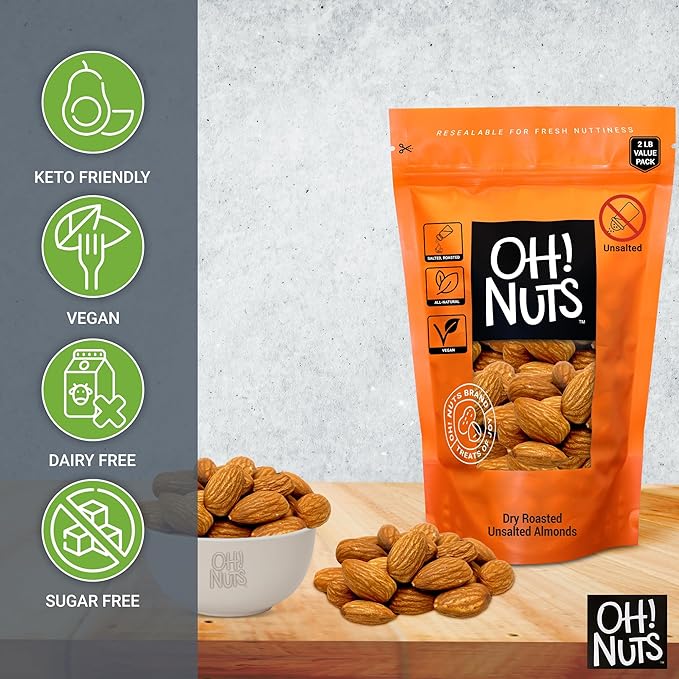 Oh! Nuts Almonds - Roasted Unsalted - 2 lb - Packed in New York Zip-Seal Bag for Exceptional