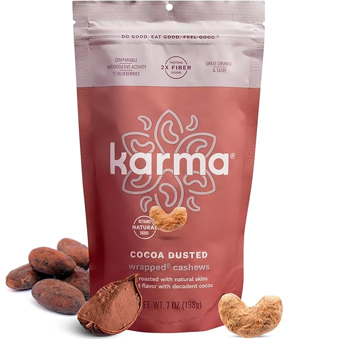 Cocoa Dusted Wrapped Whole Cashews by Karma Nuts, Lightly Sweetened, Air Roasted with Natural