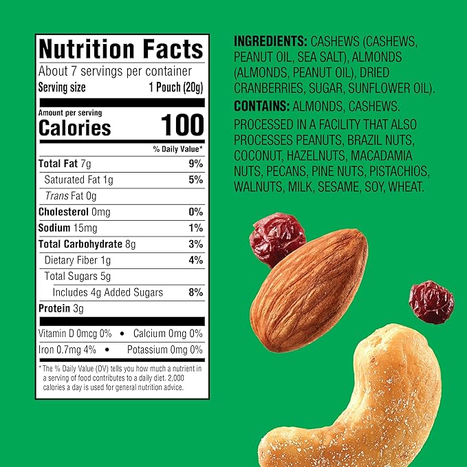 Emerald Nuts Cashews and Almonds with Dried Cranberries 7 Ct (1-Pack) | 100-Calorie Individual
