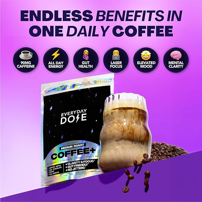 Everyday Dose Bold Medium Roast Mushroom Coffee 90mg Caffeine per serving with Grass-Fed Collagen