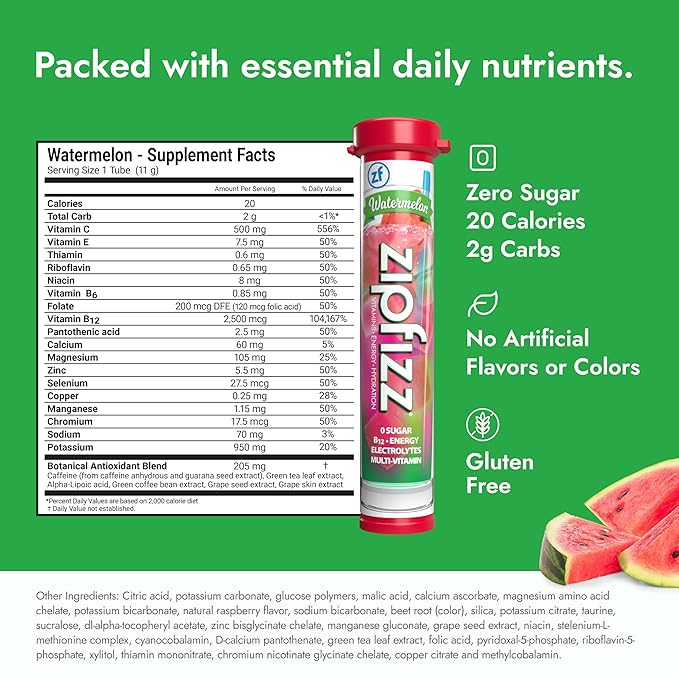 Zipfizz Daily Energy Drink Powder, Watermelon, 20 Pack | 3-in-1 Sustained Energy, Rapid Hydration