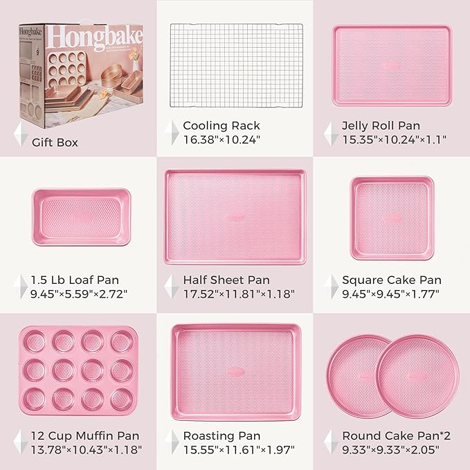 HONGBAKE 9-Piece Baking Pans Set Nonstick, Stackable Non Toxic Bakeware Sets with Diamond Texture