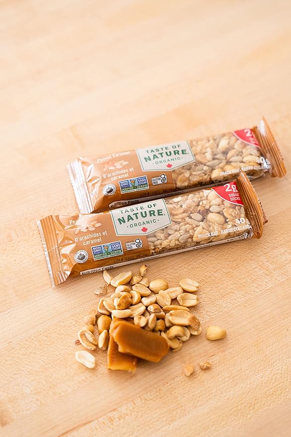 Taste of Nature - Organic 2g Sugar Peanut Caramel - Low Sugar Snack and Breakfast Bar, High Fiber
