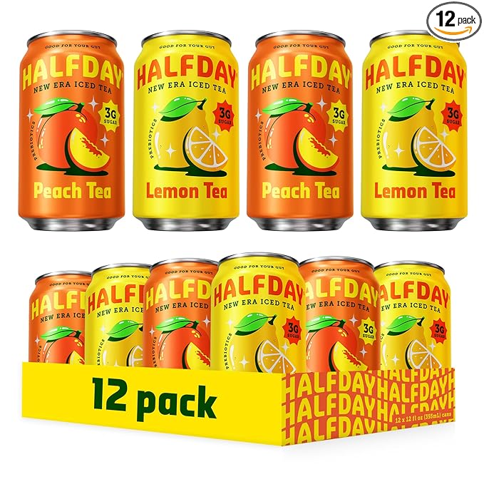 HALFDAY Prebiotic Iced Tea Peach & Lemon Variety Pack, Supports Digestive & Gut Health, 6g Plant