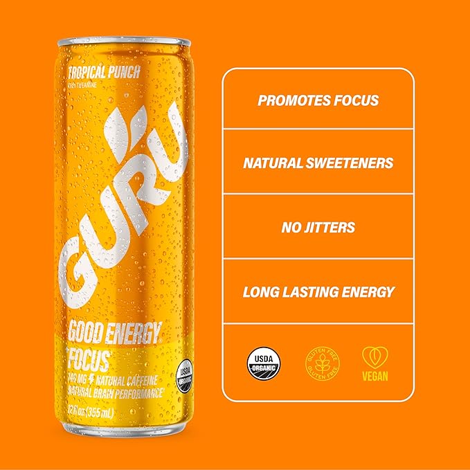 GURU Tropical Punch Organic Energy Drinks, Clean Energy Drink with Plant Based Natural Caffeine