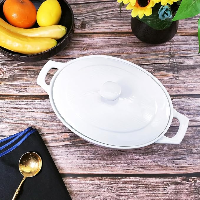 9" x 6.5" Oval Casserole Dish with Lids,1.9 Quart French White Ceramic Serving Soup Tureens, Baking