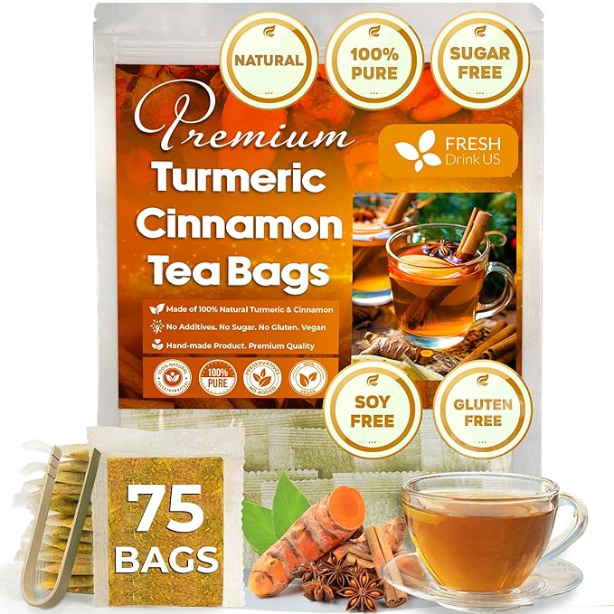 FreshDrinkUS, Premium 75 Turmeric Cinnamon Tea Bags, 100% Natural, Blend of Turmeric, and Cinnamon.