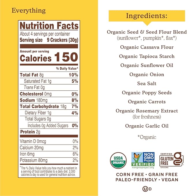 Simple Mills Organic Seed Crackers, Everything - Gluten Free, Vegan, Healthy Snacks, Paleo