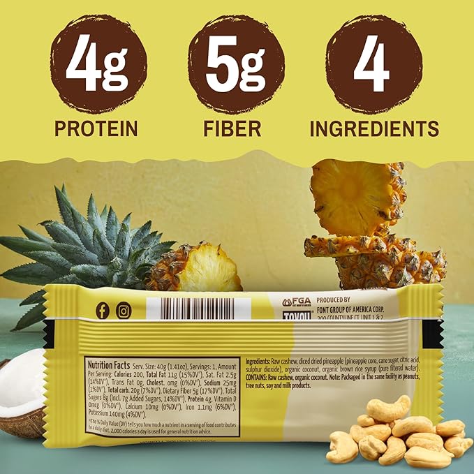 ToYou Chewy Fruit and Nut Bars - Healthy Protein Snacks | Piña Colada - 1.41 Ounce (Pack of 12) |