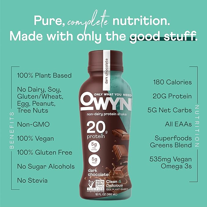 OWYN Only What You Need Plant Based Protein Shake, Dark Chocolate, 20g Vegan Protein from Organic