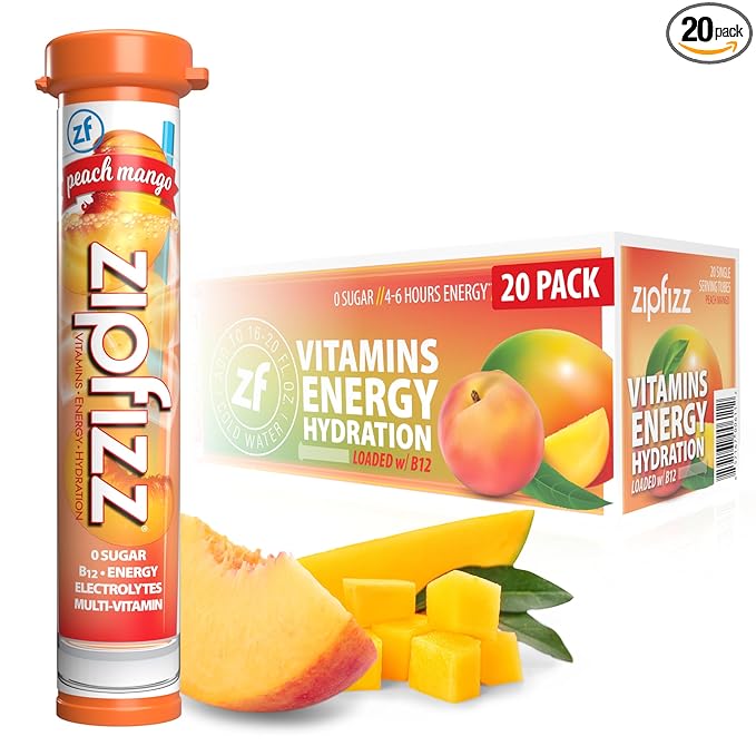 Zipfizz Daily Energy Drink Powder, Peach Mango, 20 Pack | 3-in-1 Sustained Energy, Rapid Hydration