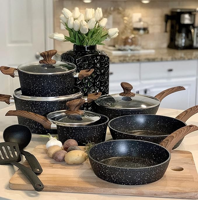 Kitchen Academy Induction Cookware Sets - 12 Piece Cooking Pan Set, Granite Black Nonstick Pots and