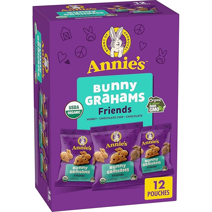 Annie's Organic Friends Bunny Grahams, Chocolate Chip, Chocolate, and Honey Baked Graham Snacks, 12