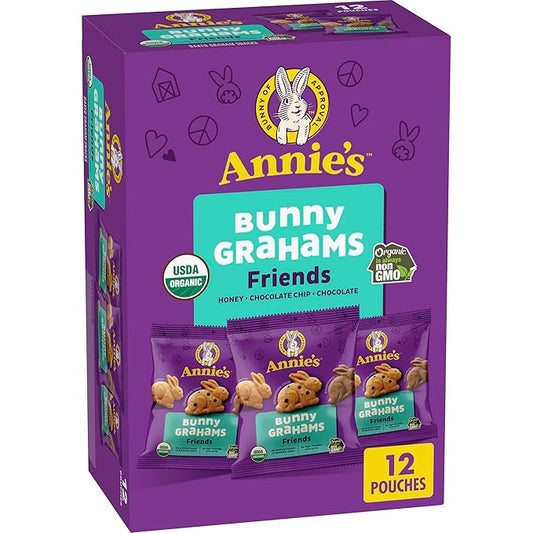 Annie's Organic Friends Bunny Grahams, Chocolate Chip, Chocolate, and Honey Baked Graham Snacks, 12