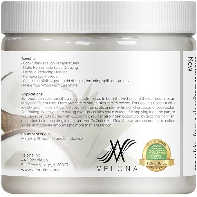 velona Coconut Oil 92 Degree 16 fl oz | 100% Pure and Natural Carrier Oil | in jar | Refined, Cold