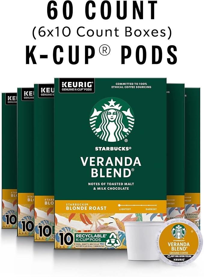 Starbucks K-Cup Coffee Pods, Starbucks Blonde Roast Coffee, Veranda Blend for Keurig Brewers, 100%