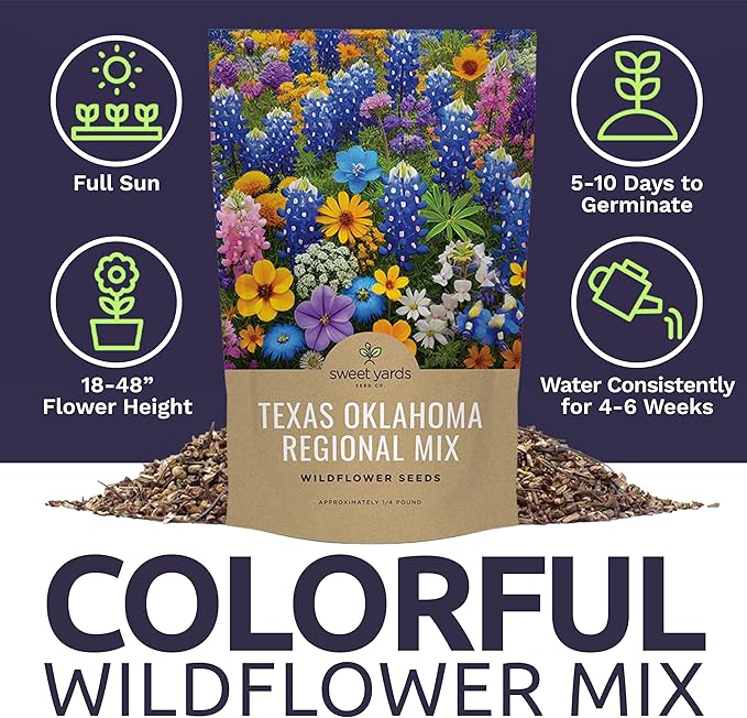 Texas Oklahoma Wildflower Seeds Mixture - Bulk 1/4 Pound Bag - Over 60,000 Native Seeds - Open