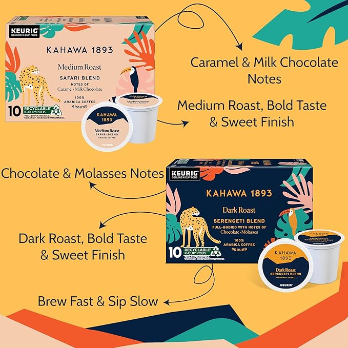 Kahawa 1893 Variety Pack Coffee K-Cup Pods - Safari & Serengeti Blend (40 Count) - As Seen on Shark