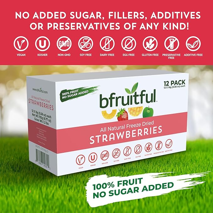 bfruitful Freeze-Dried Strawberries, Freeze Dried Fresh Fruit Bites, Gluten Free, Vegan, Dairy