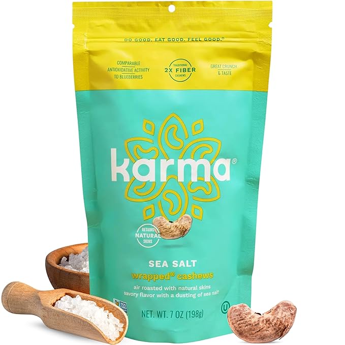 Sea Salt Wrapped Whole Cashews by Karma Nuts, Air Roasted with Natural Skins, 2X more Fiber, Whole