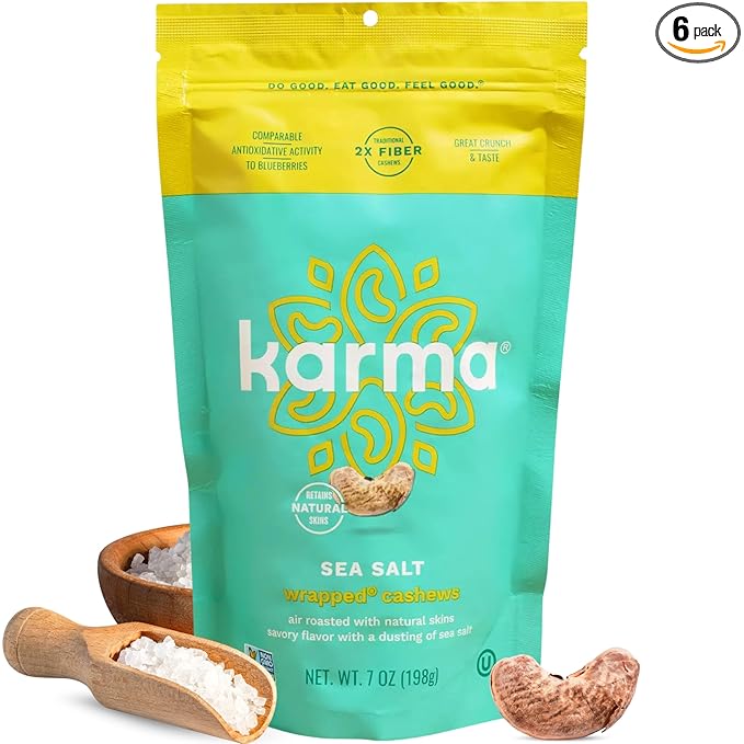 Sea Salt Wrapped Whole Cashews by Karma Nuts, Air Roasted with Natural Skins, 2X more Fiber, Whole