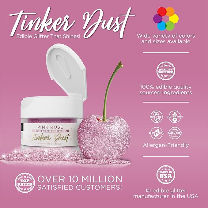 Bakell - Pink Rose Tinker Dust (5g, 1x Jar) Edible Glitter for Food, Desserts, and Beverages!