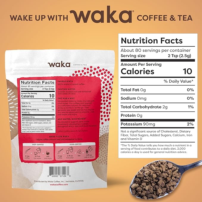 Waka Premium Decaf Instant Coffee Pouch — 100% Colombian Arabica Freeze Dried Beans — For Hot or