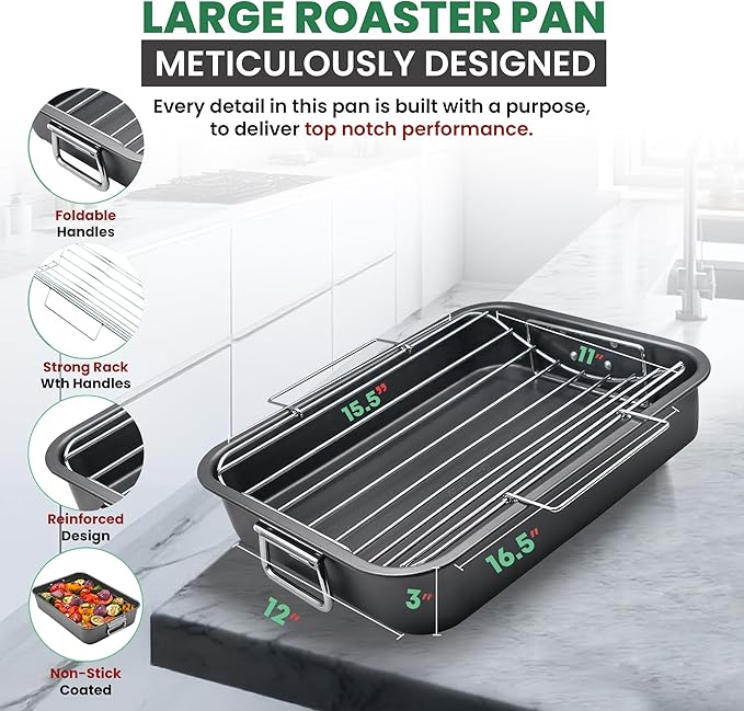 Large Roasting Pan With Rack 12” x 16” - Non Stick Large Roaster Pan and V-Rack With Foldable