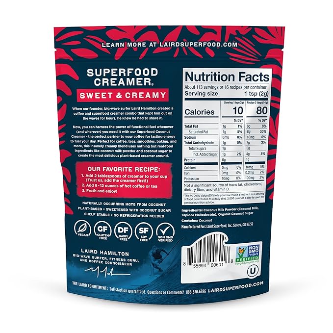 Laird Superfood Non-Dairy Superfood Creamer - Coconut Powder Coffee Creamer - Sweet & Creamy